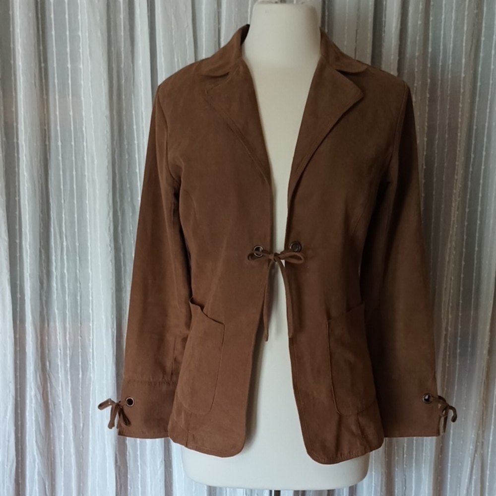 Fioralini International Vintage Faux Leather Suede Brown Open Blazer Jacket S